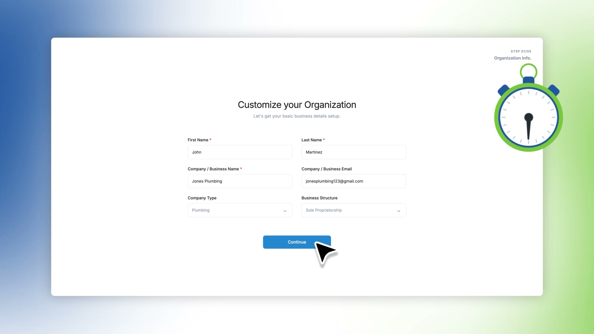 AjiCore sign-up screen where a business owner enters their name, business name, business email, and business type.